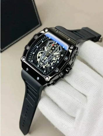Men Black Skeleton Watch with Rubber Strap