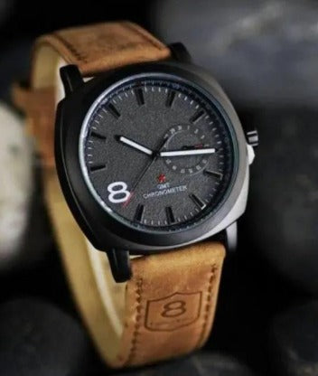 Men's Black Dial Leather Strap Watch with 12-Hour Display