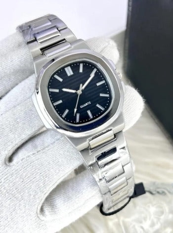 Men's Square Quartz Watch Steel Chain Strap Black Dial