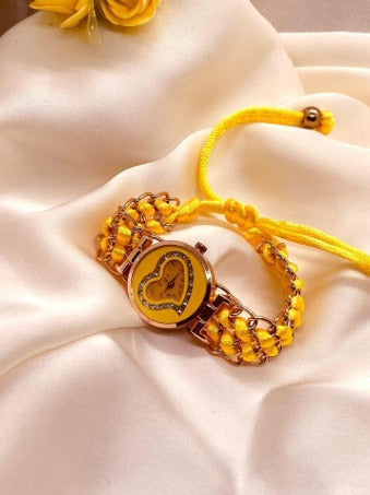 Heart Dial Watch with Yellow Cord for Girls