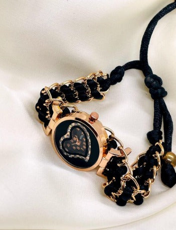 Heart Dial Watch with Rose Gold & Black Braided Cord