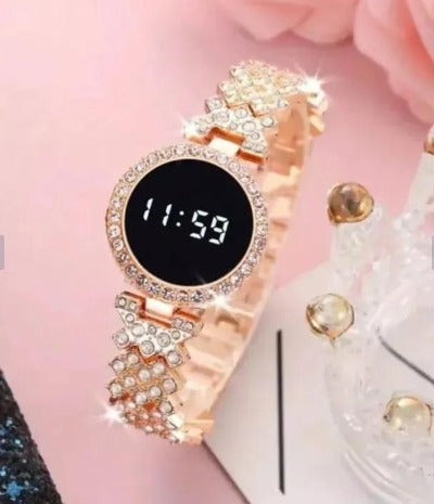 Stainless Steel Digital Watch for Women Peach Golden Textured Strap