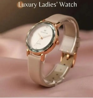 Luxury Ladies Analog Watch Leather Strap Rose Gold