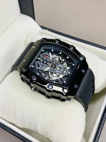 Men Black Skeleton Watch with Rubber Strap