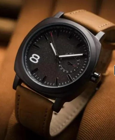 Men's Black Dial Leather Strap Watch with 12-Hour Display