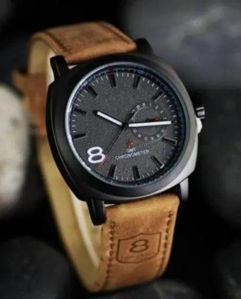 Men's Black Dial Leather Strap Watch with 12-Hour Display