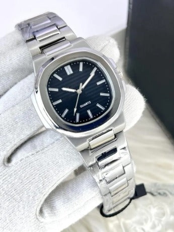 Men's Square Quartz Watch Steel Chain Strap Black Dial