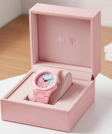 Women's Pink Aura Watch with Marble Dial and Chain Strap