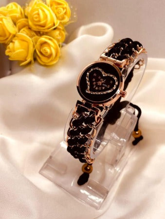 Heart Dial Watch with Rose Gold & Black Braided Cord