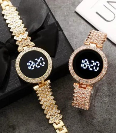 Stainless Steel Digital Watch for Women Peach Golden Textured Strap
