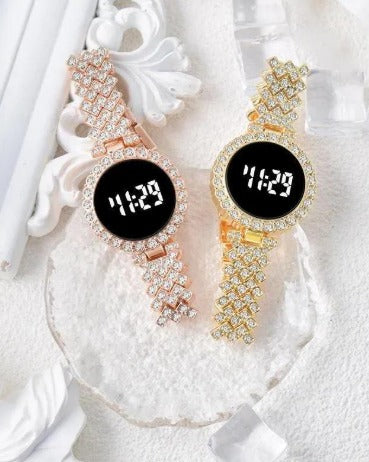 Stainless Steel Digital Watch for Women Peach Golden Textured Strap